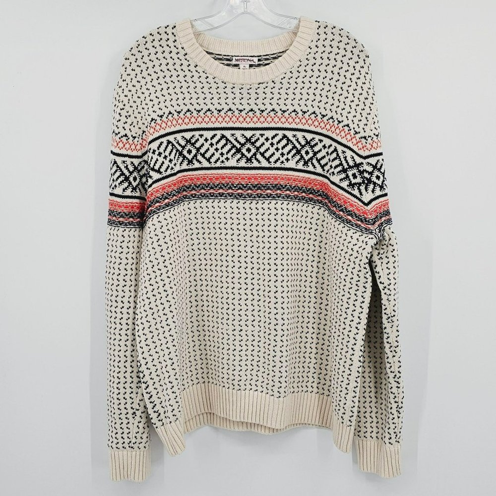 Merona Fair Isle Sweater XL Ivory Navy Red Nordic Long Sleeve Knit Round Neck
